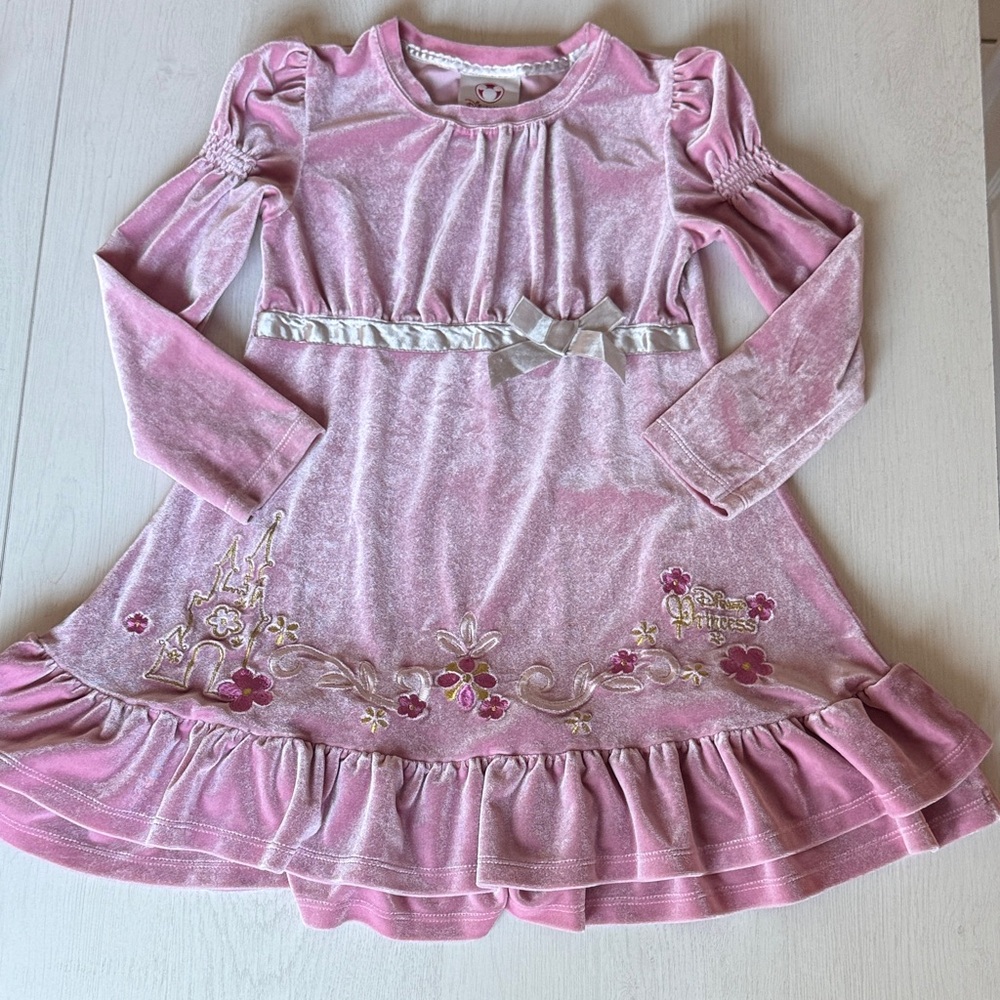 Disney Store Pink Long Sleeve Dress with Princess Castle/Flowers Size XS